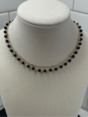 Delicate Black Bead and Gold Chain Necklace